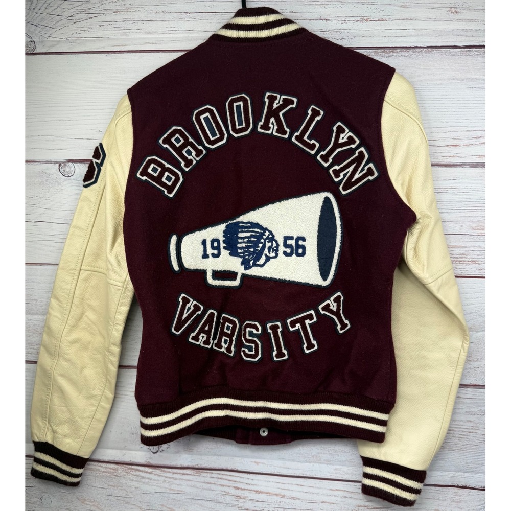 True Religion Richie Varsity Jacket Burgundy Leather Wool Letterman Mens XS - Picture 2 of 6